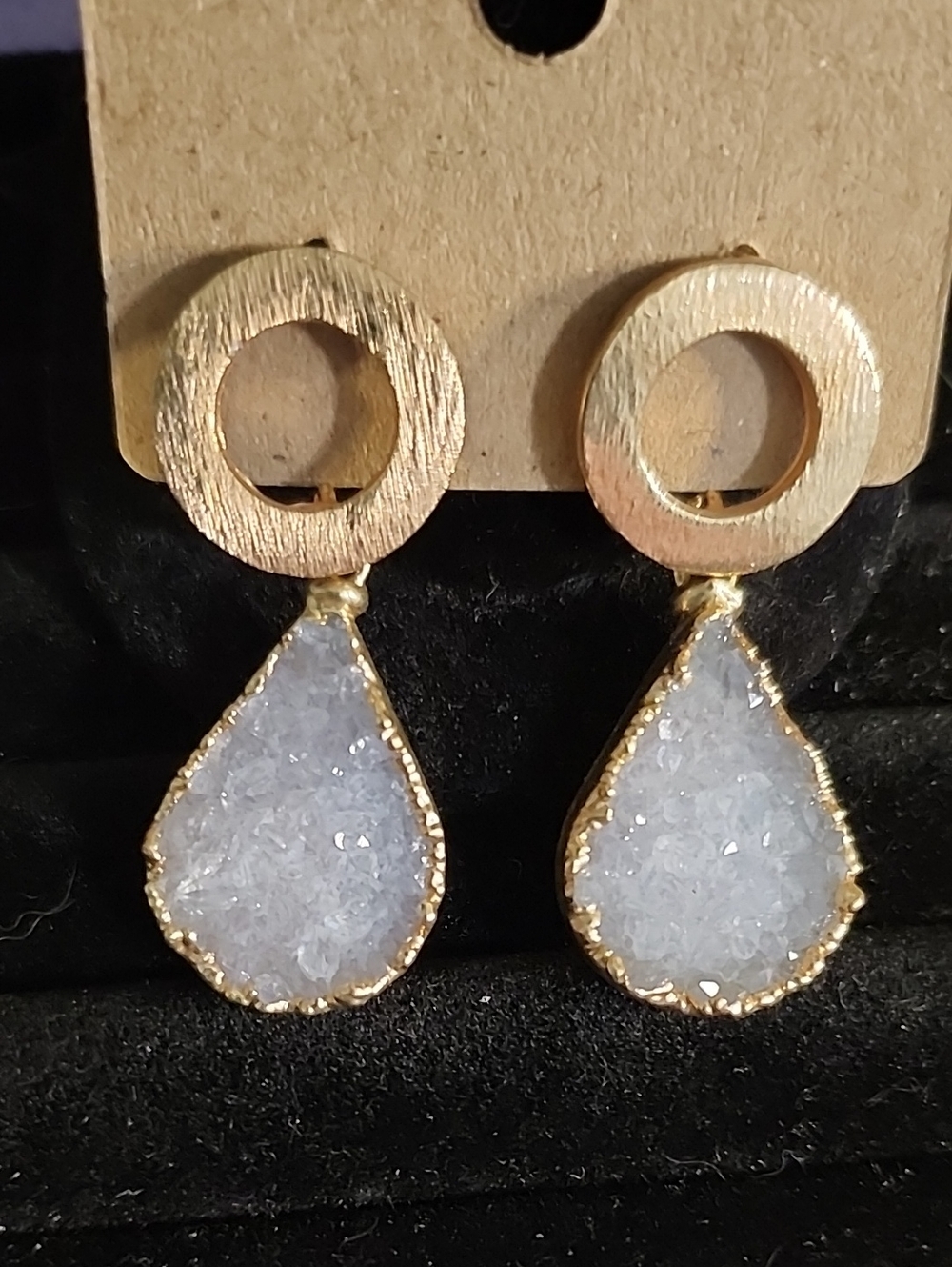 Gold Teardrop Druzy Earrings in White - Women Jewelry